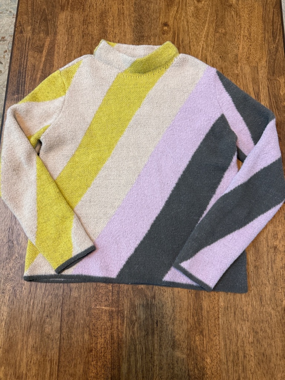 Women’s Diagonal Stripe Cowlneck Sweater in Pink, Yellow & Gray